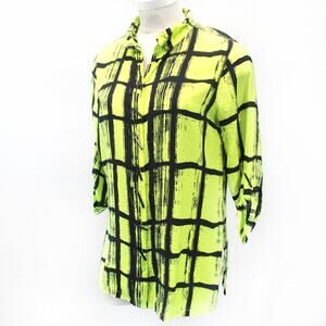 Ali Miles Green Blouse Shirt Button Plaid Abstract Print Rayon Blend Casual XL